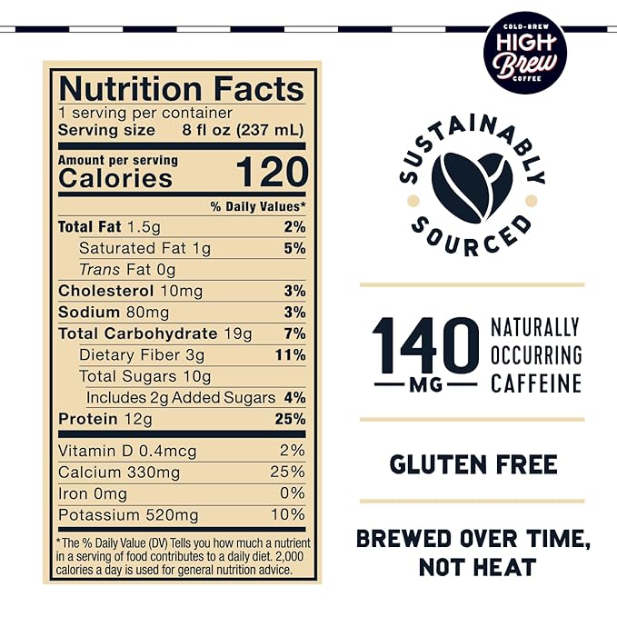 HIGH Brew Coffee Cold Brew Coffee + Protein, Creamy Cappuccino, 8 Oz Can, 12/pack