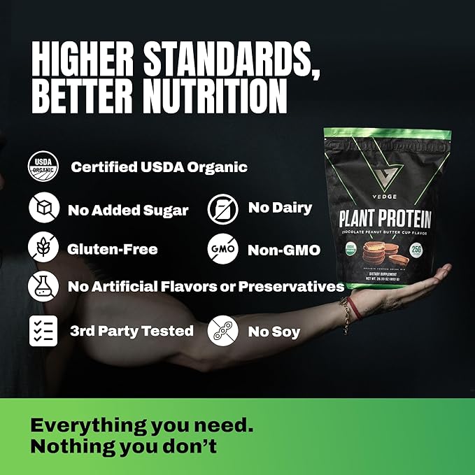 VEDGE Vegan Protein Powder - Plant Protein Powder with Pea, Pumpkin & Sunflower - USDA Organic, Amino Acids, Dairy Free, Gluten Free, Soy Free, Keto, Non GMO - Peanut Butter Cup - 20 Servings