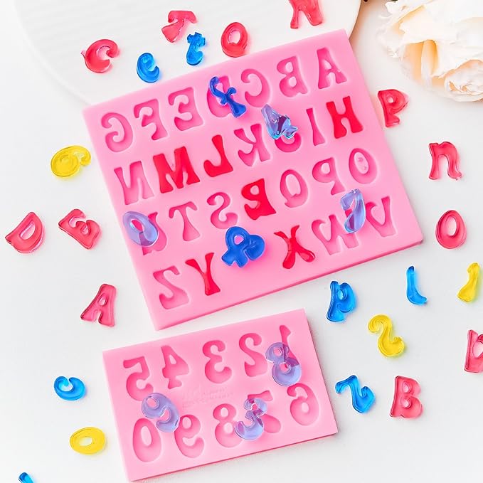 CLUEWR 4 PCS Silicone Letter Molds, Non-Stick Number and Letter Fondant Molds for Chocolate, Candy, Cake Decoration, Cupcake Topper