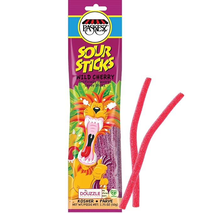 DOUzzle Valentines Day Sweet Treats, Sour Sticks Chewy Candy Straws Wild Cherry (1.8 OZ - 1 Pack) Goodie Bag Stuffer, Pinata Filler - Kosher Parve