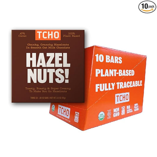 TCHO Organic Hazel Nuts Milk Chocolate Bars - Vegan, Non-GMO Treat w/Toasted Hazelnuts - 100% Plant-Based, No Artificial Ingredients, 10-Pack (2.5oz each) Perfect for Mother's Day, Christmas & more