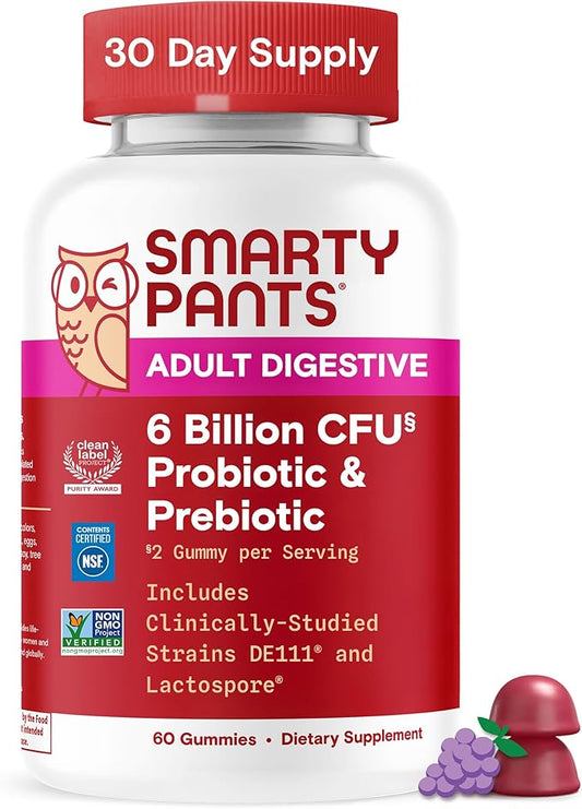 SmartyPants Adult Probiotic & Prebiotic Gummies for Digestive Health: 6 Billion CFU Gut Health Supplement, Clinically Studied Prebiotic for Immune Support, Grape, 60 Count (30 Day Supply)