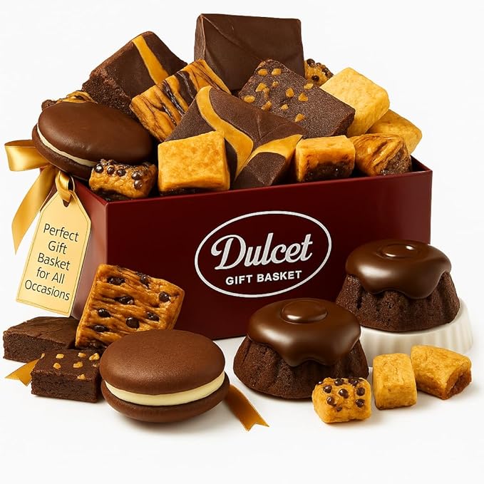 Dulcet Premium Gift Basket - Premium Assortment of Baked Goods - Valentines Gift Basket with Individually Wrapped Whoopie Pies, Brownies, Rugelah, and More - Personal Note Option Included.