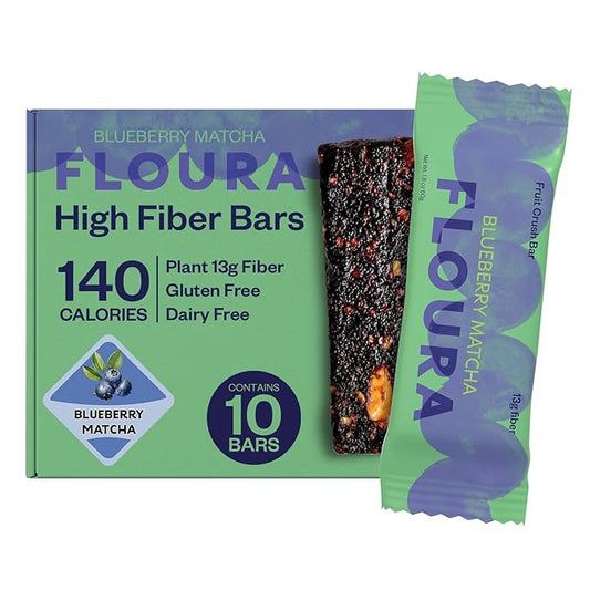 Floura Blueberry Matcha Fruit-Forward Fiber Bars– High Fiber, Vegan, Gluten & Dairy Free, Low Calorie Healthy Snack Bars with Upcycled Produce for Gut Health [10 Pack]