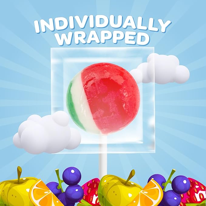 Fruit Lollipops - 2 Pound Bulk Pack (80 Count) - Assorted Fruit Flavored Hard Candy - Hard Candy Individually Wrapped - Flat Suckers for Parties and Goodie Bags