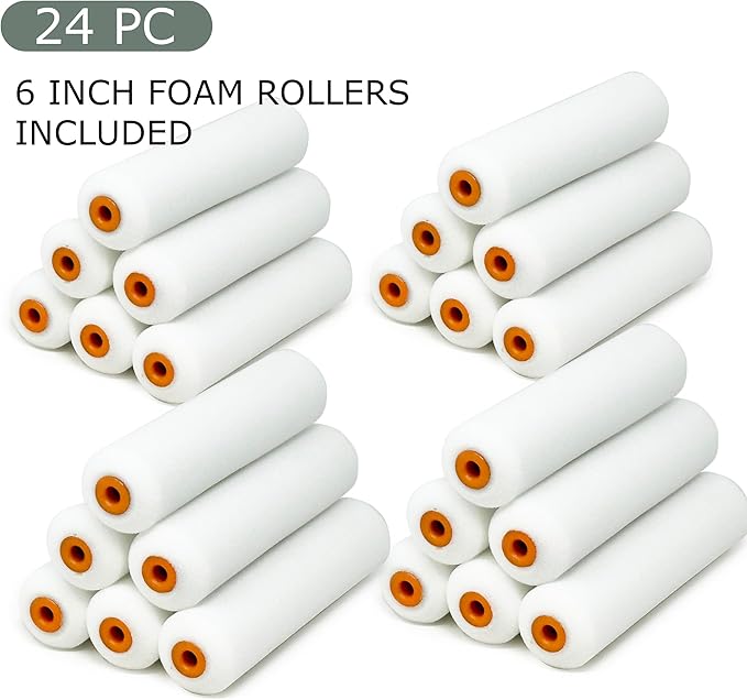 Allgala Foam Rollers, 24 Pack 6 inch Shedless Mini Foam Sponge Paint Roller Cover for Trim Wall Funiture Doors Cupboard Cabinets Doors