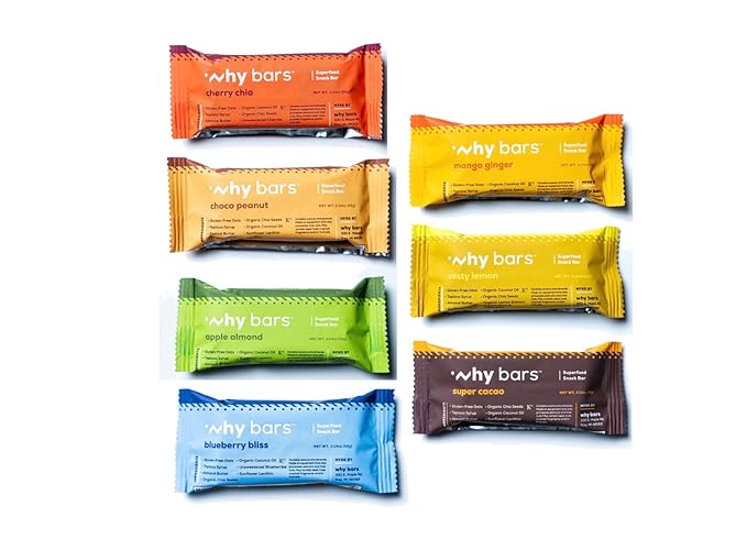 Why Bars, Superfood Protein Bars, Variety Pack, 2.04 Ounce Bars (Pack of 7 Protein Bars) - Protein Bar Superfood, Gluten Free, Non GMO, Organic, Vegan, Simple Ingredients