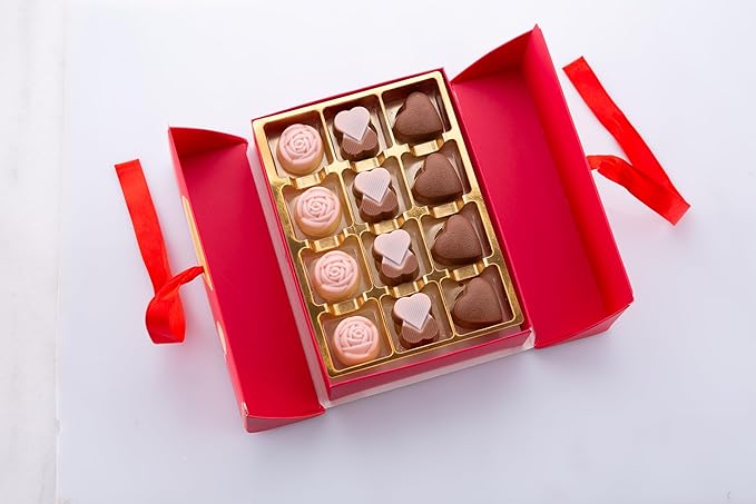 Carian’s Bistro Belgian Chocolate Gift Box of Love, Luxury Milk Chocolates with Strawberry and Hazelnut Cream, Great For Gift Giving, Valentine's Day and Anniversary for Lovers, 12 pc.