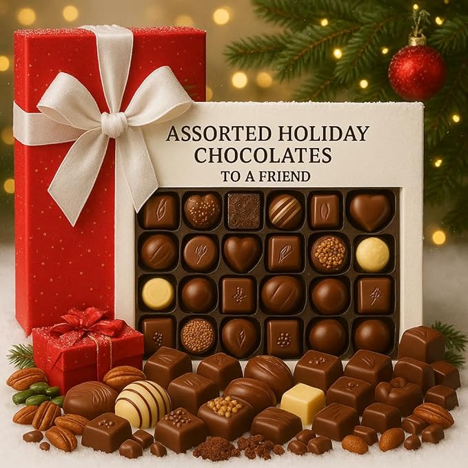 Belgian Luxury Chocolate Gift Box 46 Handcrafted Pieces | Gourmet Assortment of Milk, Dark & White Pralines with Hazelnut, Caramel & Ganache Filling | Made With Sustainable Cocoa