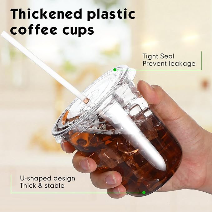 Ziliny 50 Sets Clear Plastic Cups with Lids and Straws, Disposable Iced Coffee Cups Drinking PET for Cold Drinks, Juice, Smoothie, Coffee Shops, Party, Christmas (Clear,14 oz)