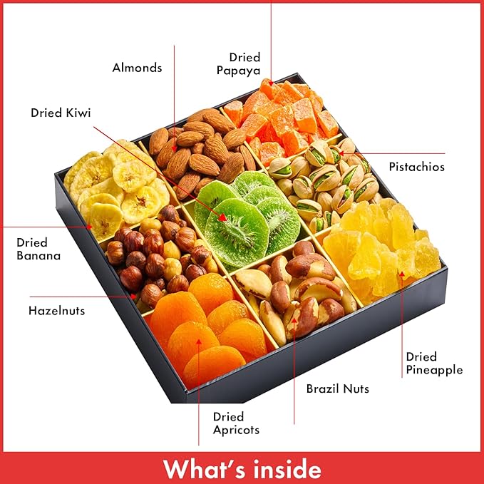 Valentines Day Dried Fruit & Nuts Gift Basket - 9 Variety Assortment Mix - Gourmet Dried Fruit and Nuts Snack Box, In An Elegant Gift Box for Birthday, Anniversary, Sympathy, for Men and Women