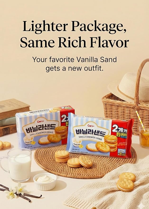 Korean Food CW Vanilla Sandwich Cookies, Sweet Vanilla Cream Biscuits, 1+1 Family Pack (6 Packs x 2, 12 Packs Total, 360g / 12.7 oz Total), Crispy Korean Snack