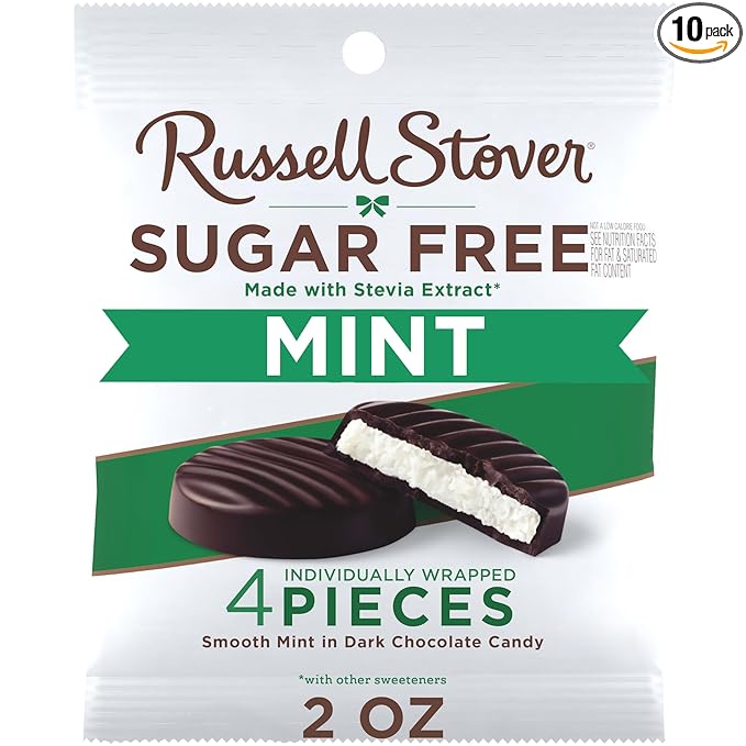 RUSSELL STOVER Sugar Free Dark Chocolate Mint Patties Candy, 2 oz. bag (Pack of 10)