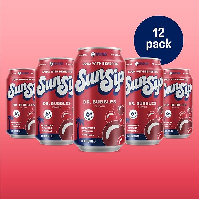SunSip Prebiotic Soda by Health-Ade, Gut-Healthy Beverage, Soda Swap, Vitamins & Minerals, Naturally Sweetened with 6g of Sugar, Dr. Bubbles, 11.5 oz (12 Pack)