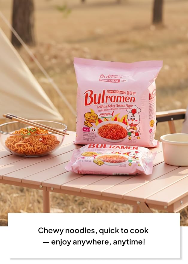 Korean Food Bulramen Stir-Fried Ramen Mild Spicy Carbonara, Artificial Spicy Chicken Flavor, 5 Packs (4.76 oz Each), Korean Instant Noodles