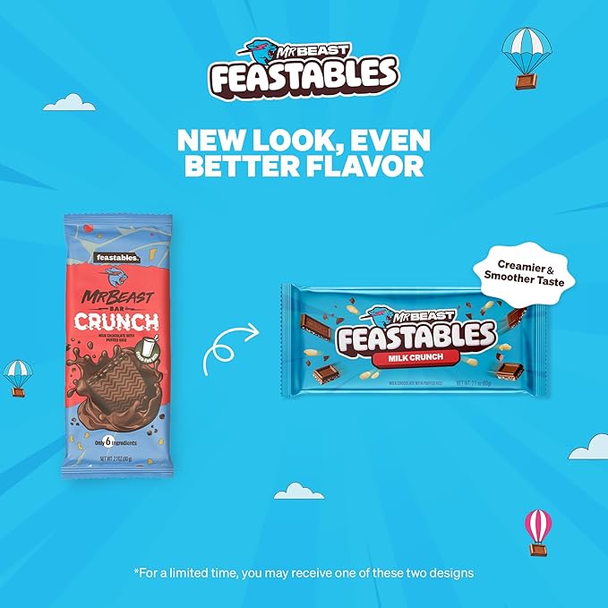 Feastables MrBeast Milk Chocolate Crunch Chocolate Bar, King Size Candy Bar for Adults & Kids, Candy Bars for Snacks, Gifts, & Dessert, Sweet & Creamy Quality Fairtrade Cocoa, 2.1 Oz Each, 10 Count