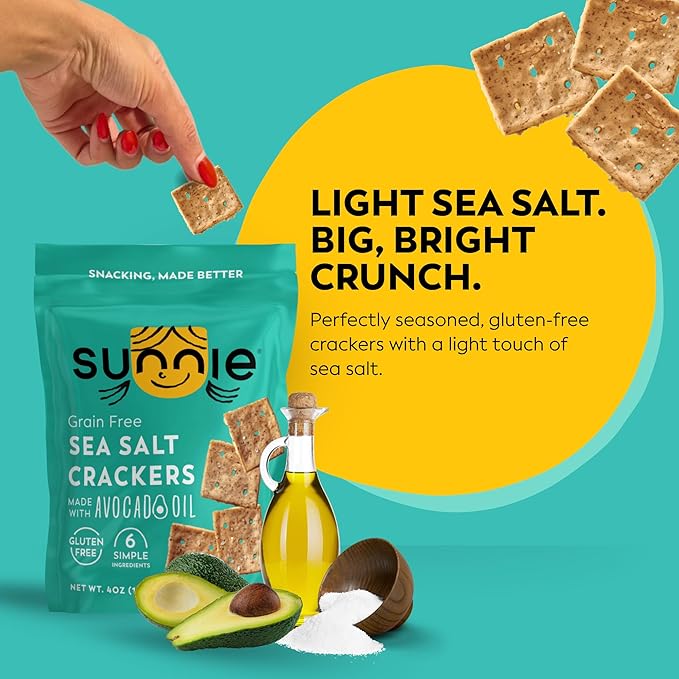Sunnie Gluten Free Crackers, Healthy Grain-Free Sea Salt Cracker, Snacks for Kids & Adults, Made with Avocado Oil, Only 6 Ingredients, Vegan Snack, Low Calorie, 4 Oz, Pack of 12