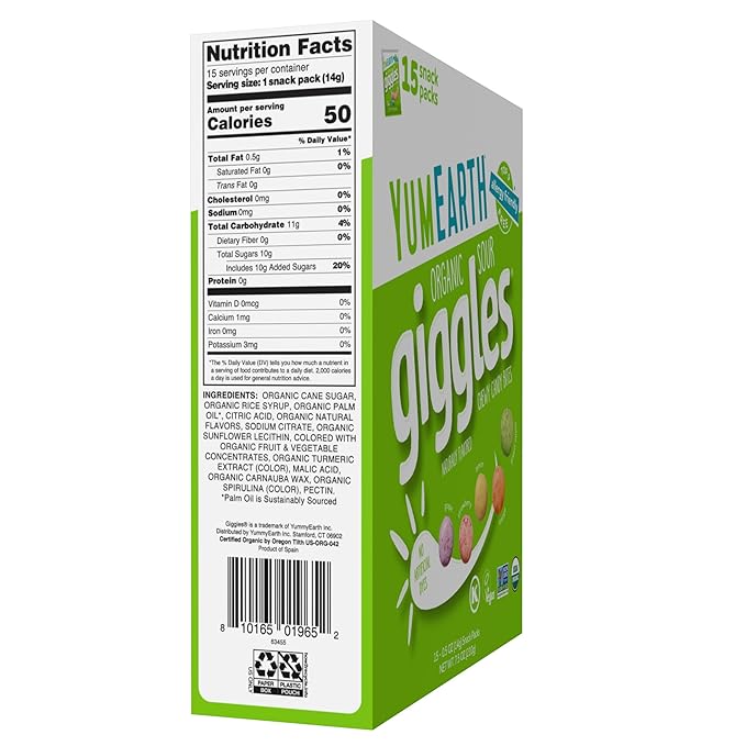 YumEarth Organic Sour Giggles Chewy Candy – Allergy Friendly, No Artificial Dyes, Non GMO, Gluten Free, Sour Fruit Flavored, Vegan Candy Snacks 0.5 ounce (Box of 15)
