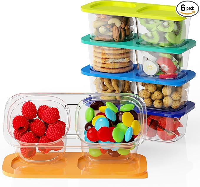 Reusable Snack Containers with Lids for Kids-Gemstone Bright 5 PACK, [UNIQUE DESIGN 2-COMPARTMENT] BPA-Free/Microwave/Dishwasher Safe, Snack Bowls Container for On-the-Go Meals,Camping and Travel