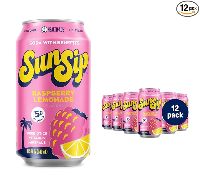 SunSip Prebiotic Soda With Benefits - Gut-Healthy Beverage with Vitamins and Minerals, 25 Calories, Soda Alternative, Naturally Sweetened with 5g of Sugar, 11.5 oz (12 Pack) Raspberry Lemonade