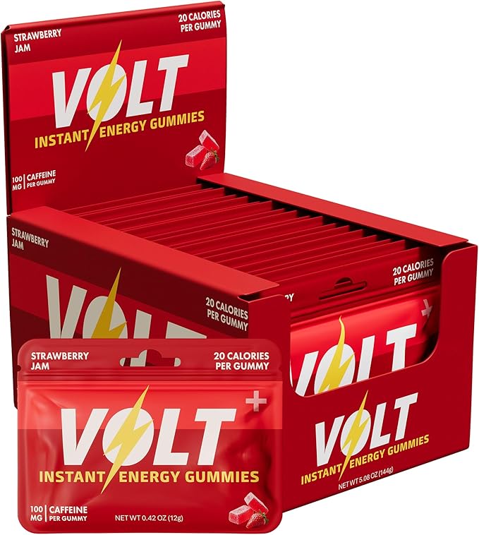 Volt Instant Energy Gummies - 100mg Caffeine per Gummy - Fast-Acting Fuel for Workout, Race + Study - Energy Drink Alternative - Caffeine Chews for Women & Men - Made in USA - Strawberry Jam - 12 Pack