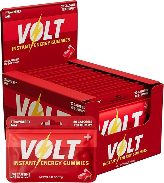 Volt Instant Energy Gummies - 100mg Caffeine per Gummy - Fast-Acting Fuel for Workout, Race + Study - Energy Drink Alternative - Caffeine Chews for Women & Men - Made in USA - Strawberry Jam - 12 Pack