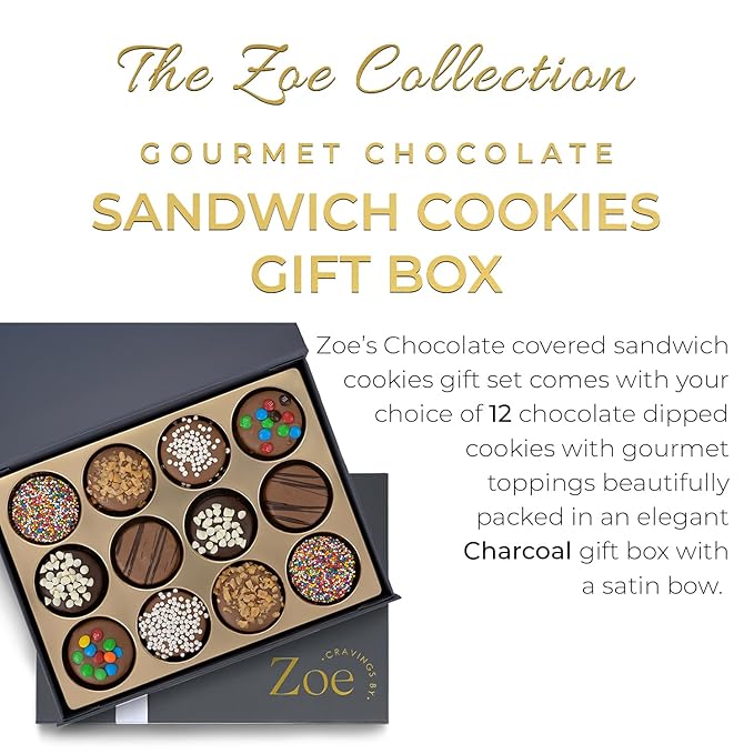 CRAVINGS BY ZOE Valentines Day and Birthday Chocolate Covered Cookies Gift Basket | 12 Count | Kosher Milk & Dark Belgian Chocolate Gourmet Food Gift Box | Thank You, Candy Gifting Men Women Him Her Mom