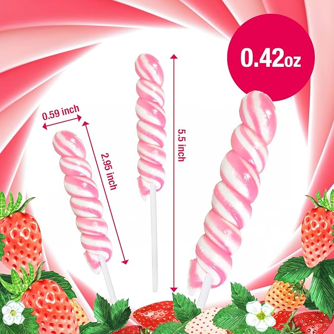 Pink Twisty & Swirl Lollipops 20 Pack, Baby Shower Candy Twist Lollipop Individually Wrapped Suckers, Valentine’s Lollipops Candy Bulk, Strawberry Gender Reveal