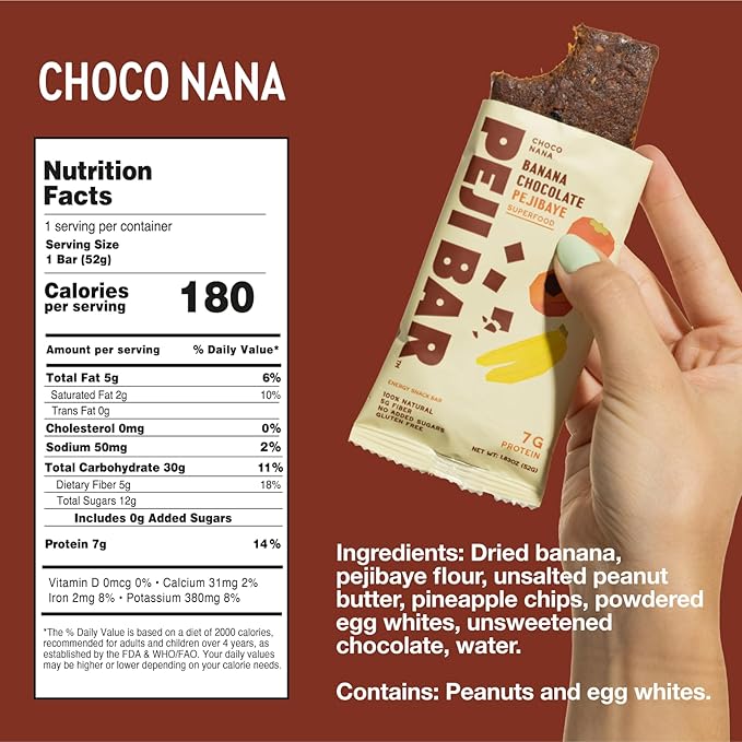 PEJI BAR Superfood Energy Bars | Choco Nana Banana Chocolate Flavor | Gluten Free, 7g Protein, Fiber, Whole Ingredients, No Sugar Added | Adventure Ready Snack, 12 Count
