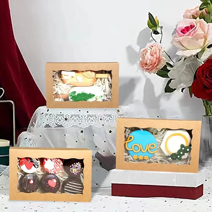RomanticBaking 15 Pack Brown 7 x 4 3/8 x 1 1/2inches Cookies Boxes with Window Bakery Treat Boxes for Macaron Chocolate Truffle cakesicle dount