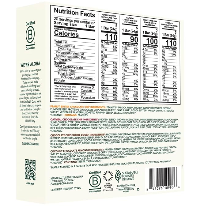 ALOHA Organic Plant Based Protein Bar MINIS | VARIETY PACK | GLP-1 Friendly, 20 Count, 24g Bars | Vegan, Low Sugar, Gluten Free, Low Carb, Non-GMO, No Stevia, No Soy, No Sugar Alcohols