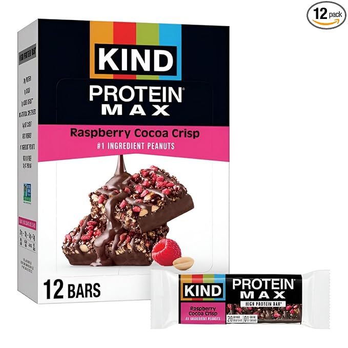 KIND Protein MAX, Raspberry Cocoa Crisp, 20g Protein, 1g Sugar, Low Sugar, High Protein Snack Bars, 12 Count