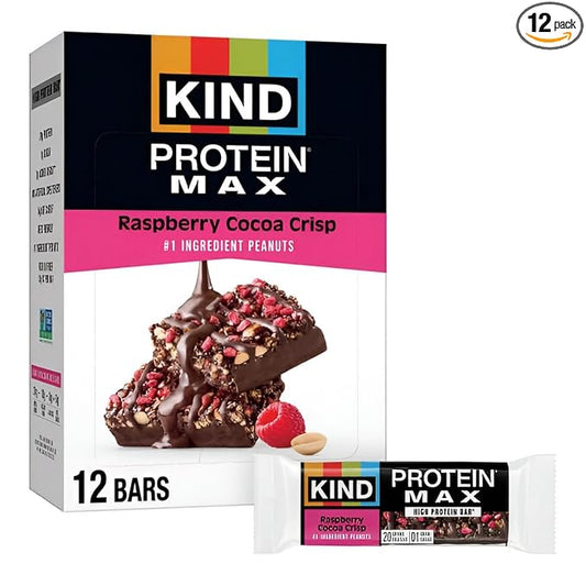 KIND Protein MAX, Raspberry Cocoa Crisp, 20g Protein, 1g Sugar, Low Sugar, High Protein Snack Bars, 12 Count