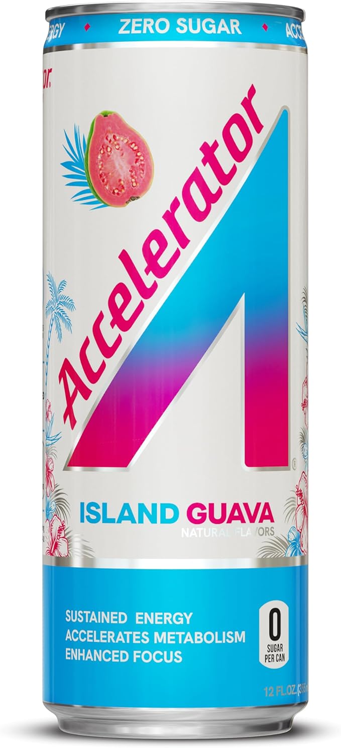 Accelerator Energy Drink, Island Guava 12oz can (12 pack), Zero Sugar, Sustained Energy from 100% Natural Caffeine (200mg from Green Coffee Bean & Green Tea extract)
