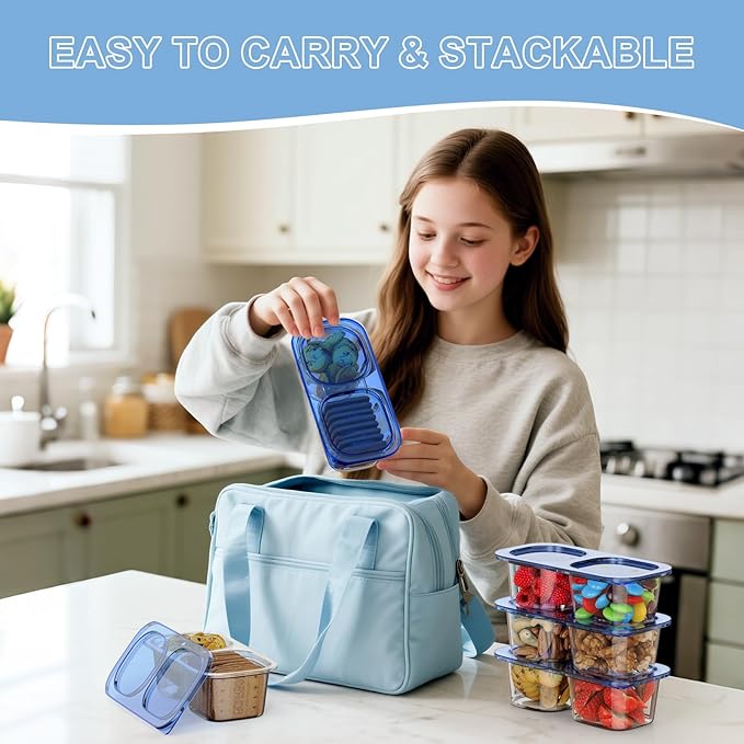 Reusable Snack Containers with Lids for Kids-Navy Blue 10 PACK, [UNIQUE DESIGN 2-COMPARTMENT] BPA-Free/Microwave/Dishwasher Safe, Snack Bowls Container for On-the-Go Meals,Camping and Travel