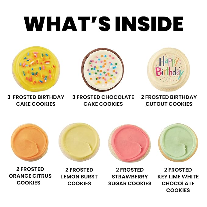 Cheryl's Cookies® Birthday Cookie Gift Tin,16 Individually Wrapped Buttercream-Frosted Cookies, Birthday Cake, Sugar, Chocolate Cake, Key Lime, Orange Citrus, Fruity Flavors, Kosher, Birthday Gift