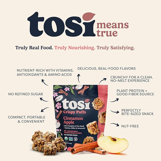 Tosi Crispy Puffs (3oz, 6 Pack), Vegan Crunchy Snacks, 8g Plant Based Protein, Nut-Free, Allergen Friendly, Healthy Snacks for Adults & Kids, Gluten Free Treats, Ancient Grains (Super Variety)