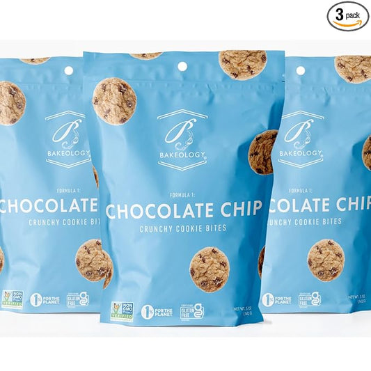Bakeology Gluten Free Cookies - Chocolate Chip Crunchy Mini Vegan Cookie Bites - Gluten Free Dairy Free Snacks - Enjoy Plant Based Dessert Sweets - Made with Coconut Oil and Pure Ingredients