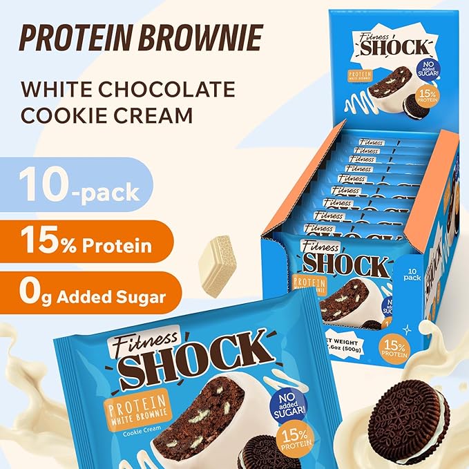 FitnesSHOCK Protein Brownie White Chocolate, No Added Sugar, 15%/7,5g Protein, 233kcal, Pre/Post Workout Snack - No Palm Oil, Filling dietary fibre, Soft Texture, 10x50g - Cookie cream flavour