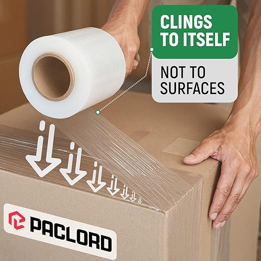 Paclord 5" x 1000' Industrial Strength Clear Stretch Wrap with Extended Core Handle, Ready to Use Pack of 1 Stretch Film Mini Roll, 80 Gauge Thick, 500% Elongation - Shrink Wrap for Moving, Packing