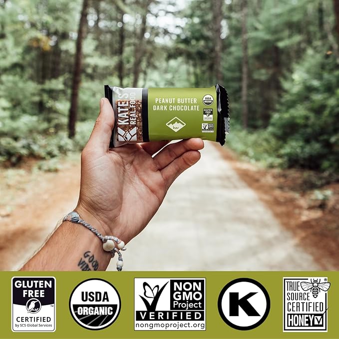 Kate’s Real Food Organic Energy Bars, Non-GMO, All-Natural Ingredients, Gluten-Free and Soy-Free Healthy Snack with Natural Flavors, Peanut Butter and Dark Chocolate (Pack of 12)
