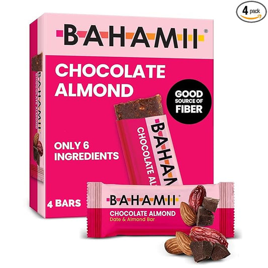 Bahamii Snack Bars, Made with Dates & Nuts, Healthy Snacks, Gluten Free, Good Source of Fiber, Only 6 Ingredients, For Kids & Adults, No Added Sugar, Vegan, 4 Pack, Chocolate Almond