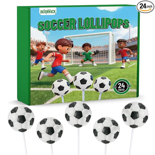 24 Soccer Candy Lollipops, Perfect for Soccer Party Favors, Birthday Goodie Bags, Team Gifts and Sports Themed Party Supplies, Fun Soccer Treats for Fans, Birthday Decor and Team Celebration Supplies