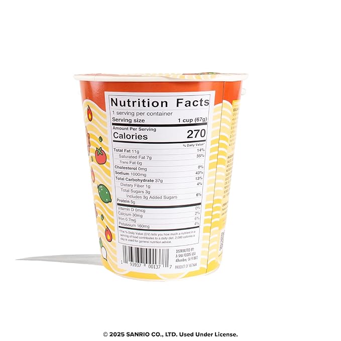 Hello Kitty Instant Ramen Noodle Cup | 6 Pack | Hot and Sour Flavor | Premium Microwaveable Ramen Soup Mix, Asian Snacks
