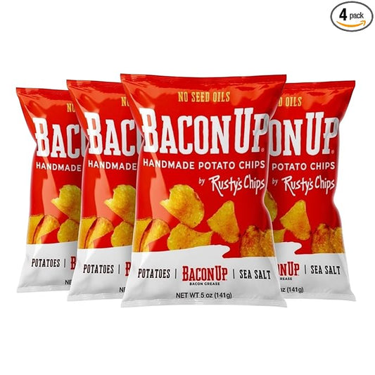 Bacon Up - Handmade Crunchy Healthy Potato Chips - No Preservatives, No Seed Oils, Gluten Free, Healthy Snacks for Adults - 5oz (4 Snack Packs) by Rusty's Chips