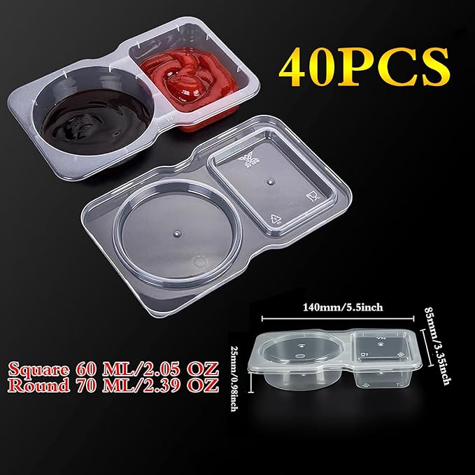 40 Sets Reusable Snack Containers, 2-Compartment Dipping Containers with Lid for Refrigeration, Portion Control, Outdoor Takeaway Sauce Dip Case