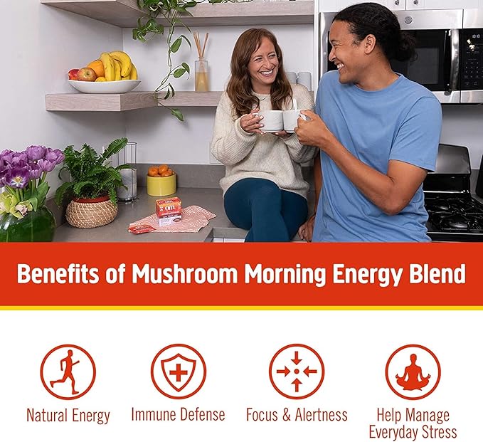 OM MUSHROOM SUPERFOOD Morning Energy Blend – Caffeine-Free Powder with Cordyceps, Lion’s Mane, Rhodiola & Vitamin D2 – Supports Energy, Focus & Endurance – 8.47 oz Canister (30 Servings)