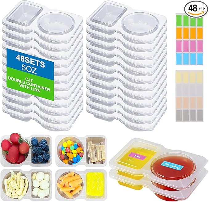 CJT 48 sets Double Compartment Condiment Container with Lids, Disposable 2 Compartment Sauce Containers Clear Plastic Snack Container with labels for to-go Sauce, Travel Snack