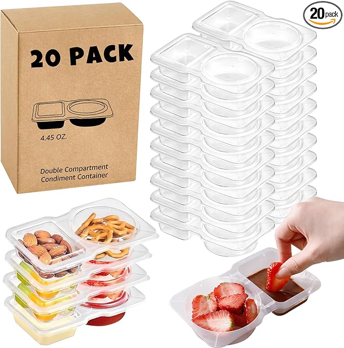 20 Sets Double Compartment Condiment Container, 2 Compartment Snack Containers, Disposable Food Containers with Lids for Sauce Snack, for Travel, Picnic