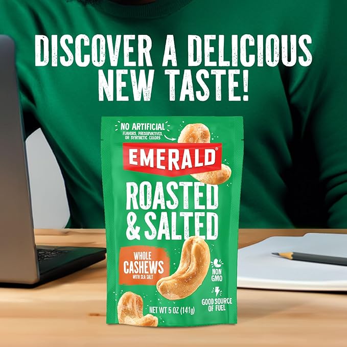 Emerald Nuts Roasted and Salted Whole Cashews (1-Pack), 5oz Resealable Bag, Plant-Based Protein, Kosher Certified, Non-GMO, Contains No Artificial Preservatives, Flavors or Synthetic Colors